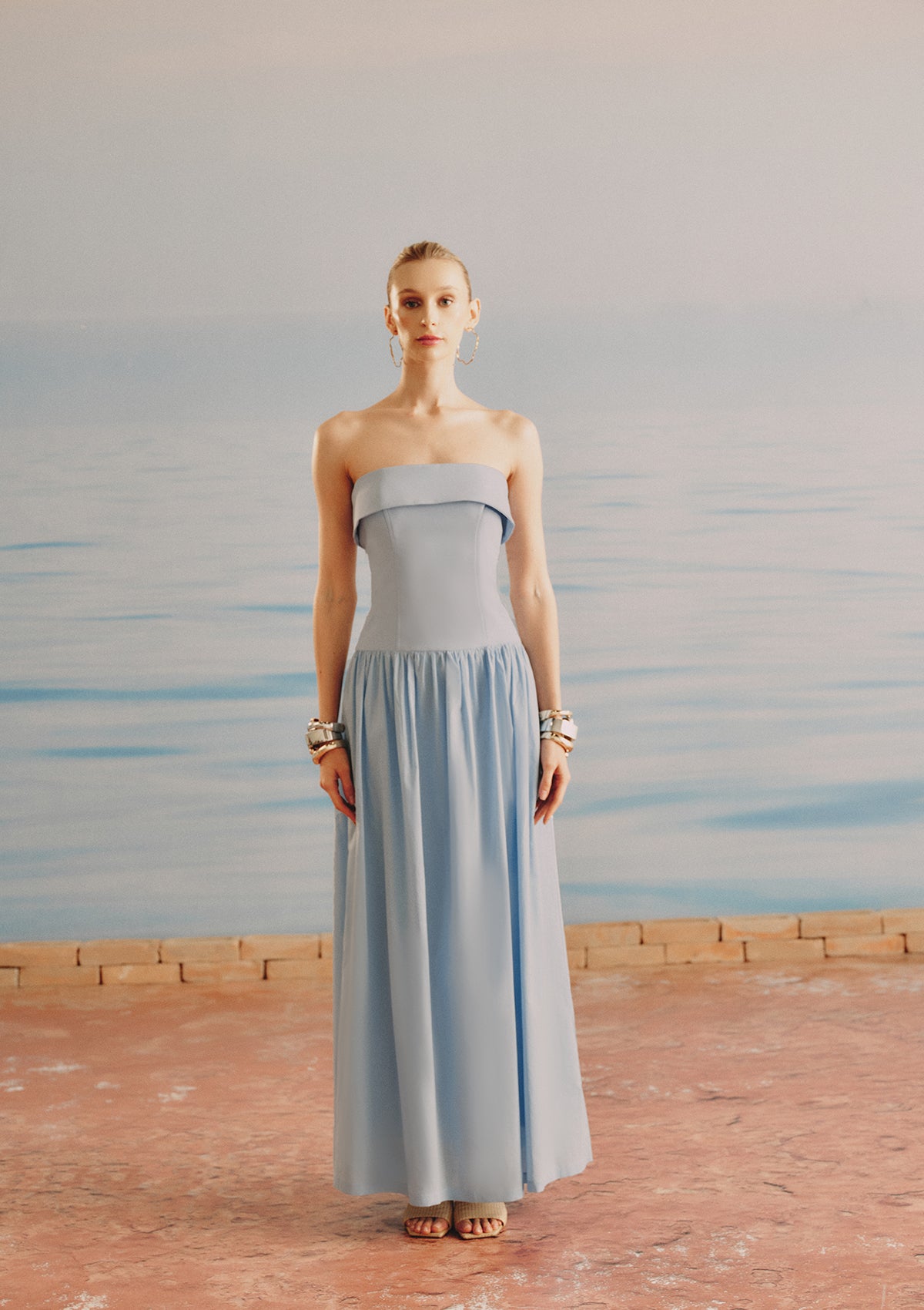 Clarice Tailored & Voile Strapless Dress (BLUE)