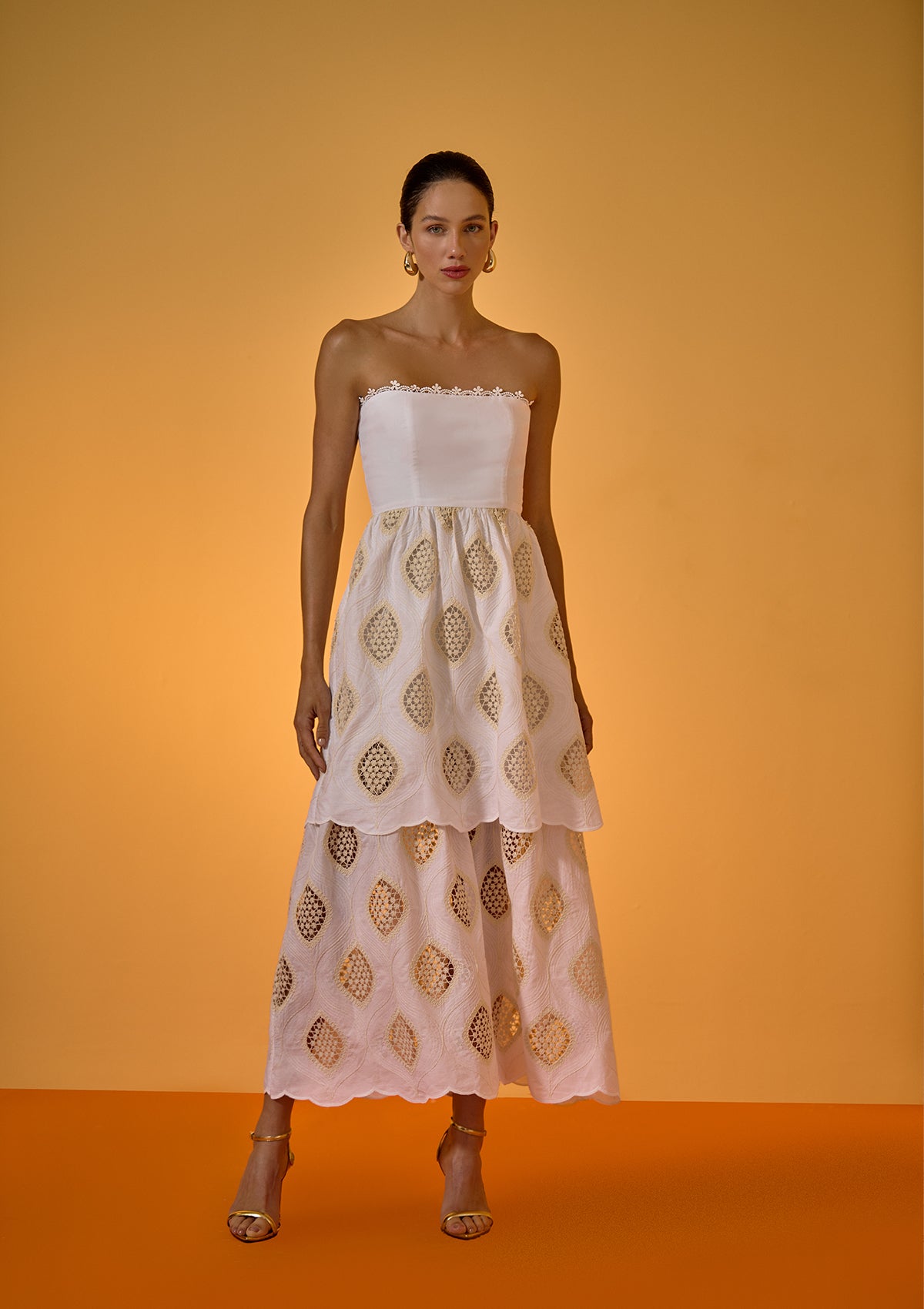 Yara Embroidered Voile Tiered Dress