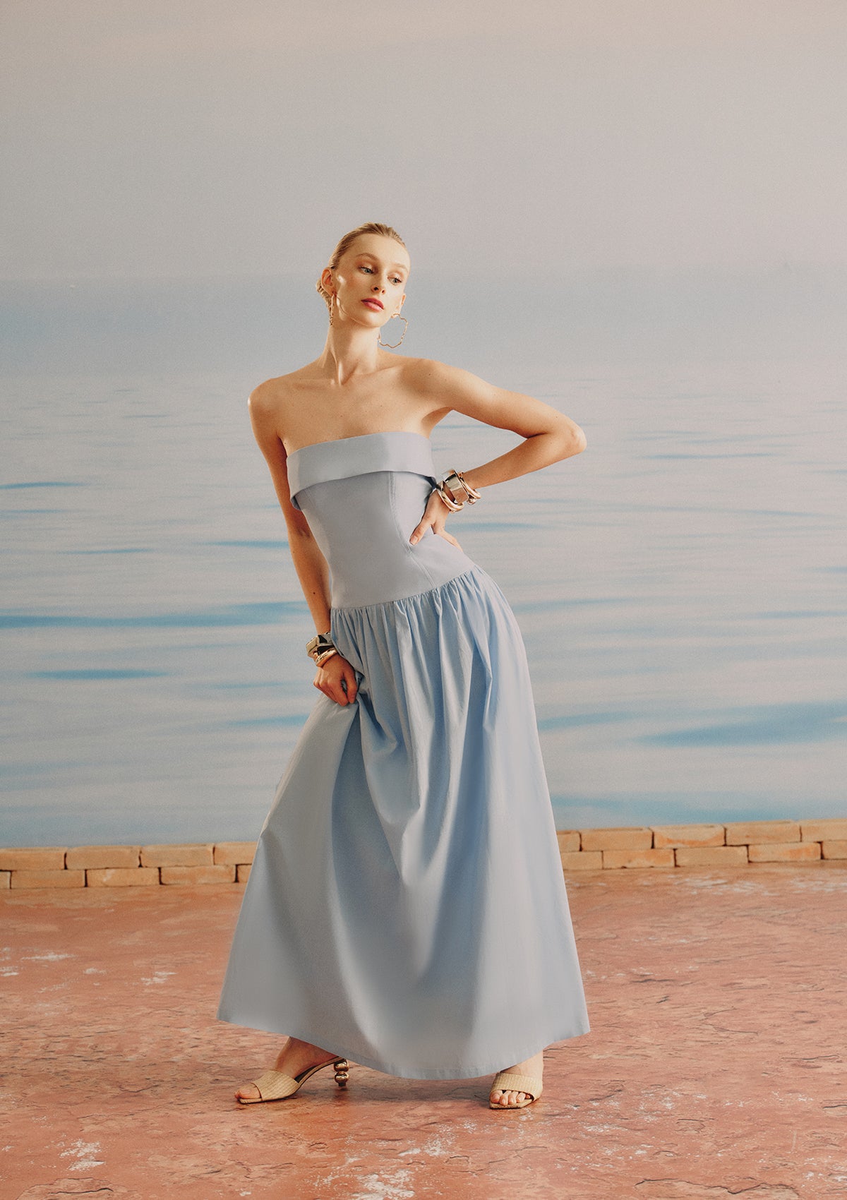 Clarice Tailored & Voile Strapless Dress (BLUE)