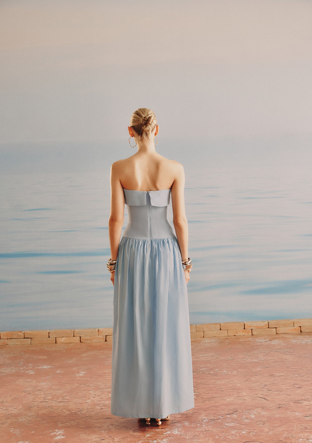 Clarice Tailored & Voile Strapless Dress (BLUE)
