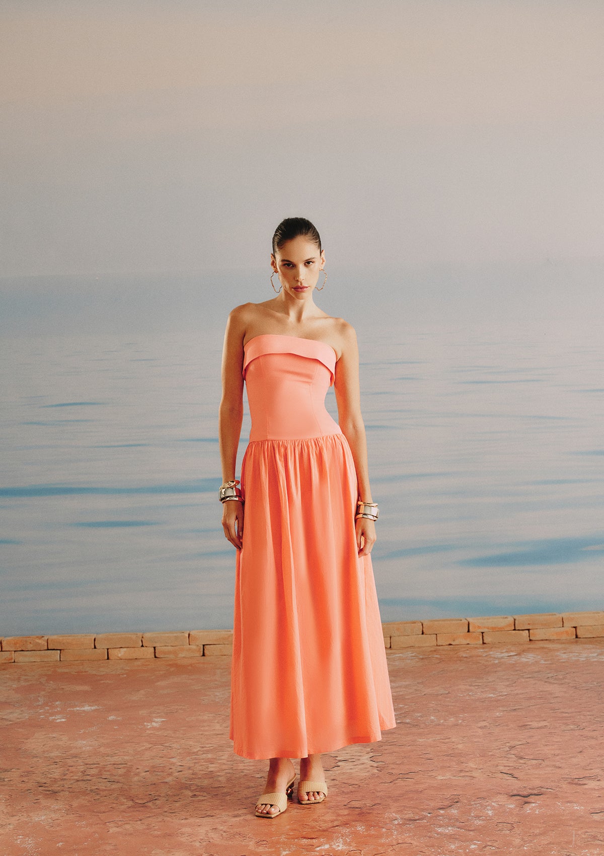Clarice Tailored & Voile Strapless Dress (ORANGE)