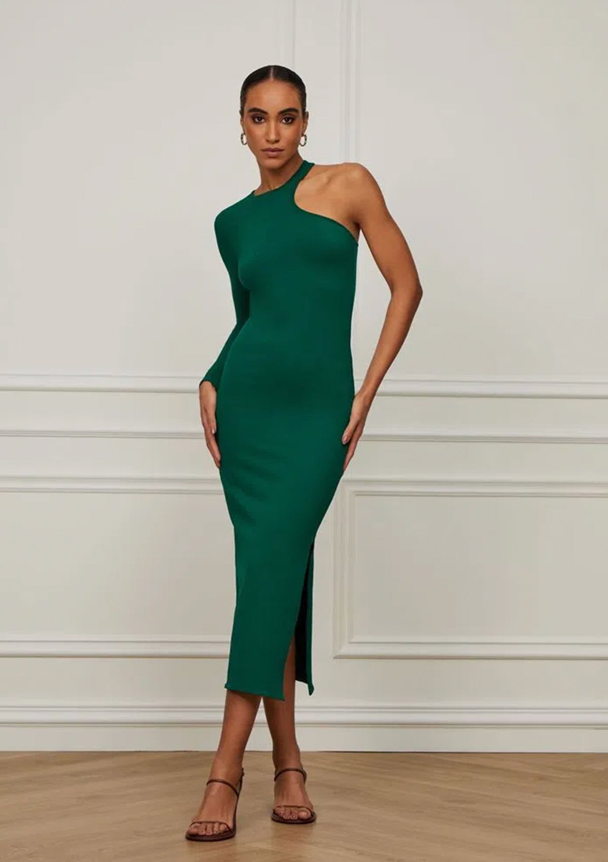 Emerald Off-Shoulder Tricot Midi Dress