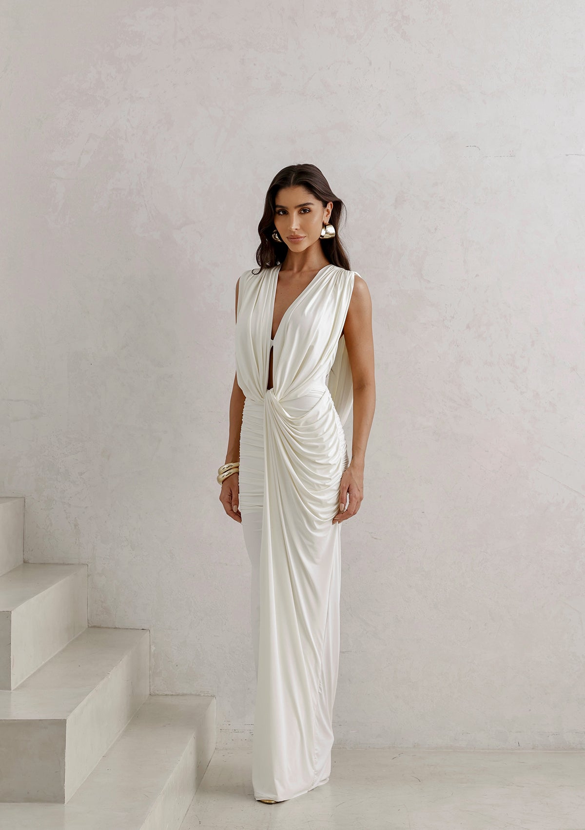 Long Draped Jersey Dress – Off White